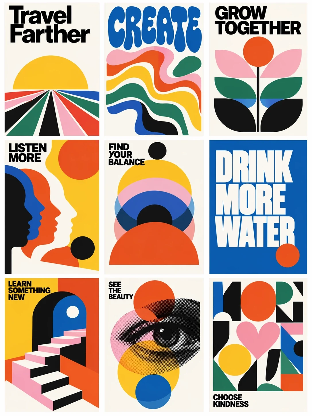 Neun moderne Poster aus der Mitte des Jahrhunderts, die kurze Slogans und geometrische Illustrationen kombinieren