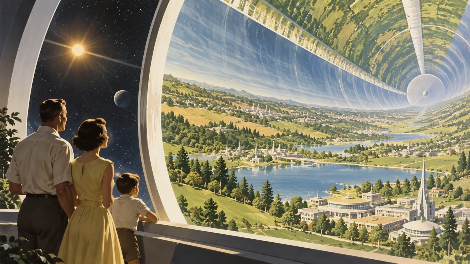 Retro-futuristische Illustration einer Familie mit Blick auf einen zylindrischen Weltraumlebensraum, veröffentlicht von OpenAI für Images 2.5