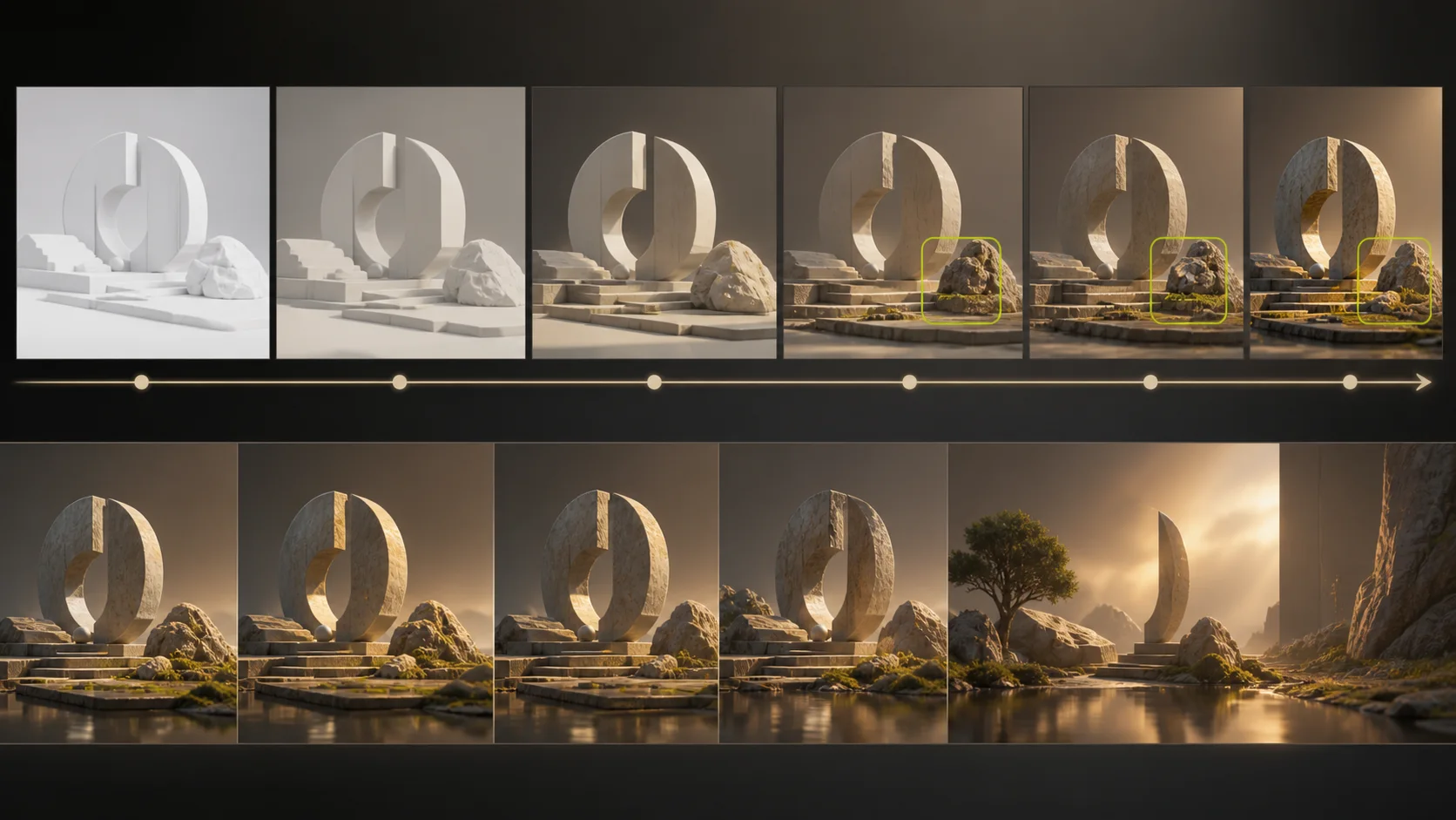 Concept timeline showing a white model becoming a finished scene with a targeted edit and extended sequence
