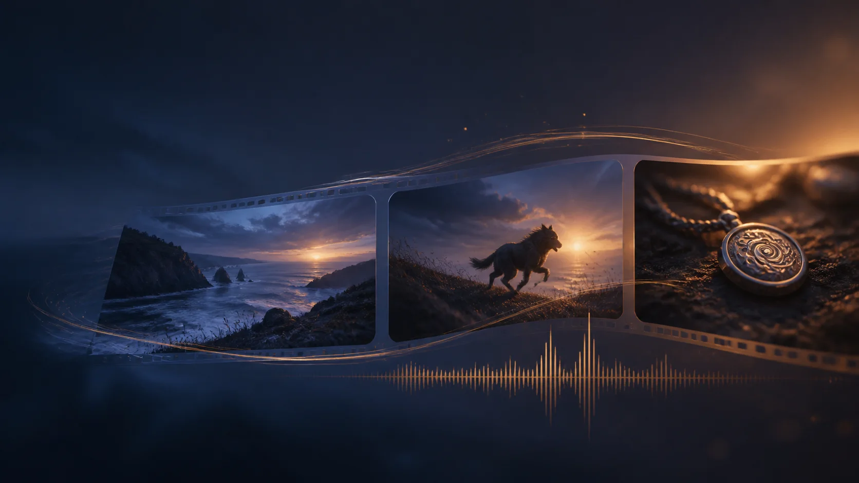 Concept illustration of a connected cinematic storyboard with synchronized audio